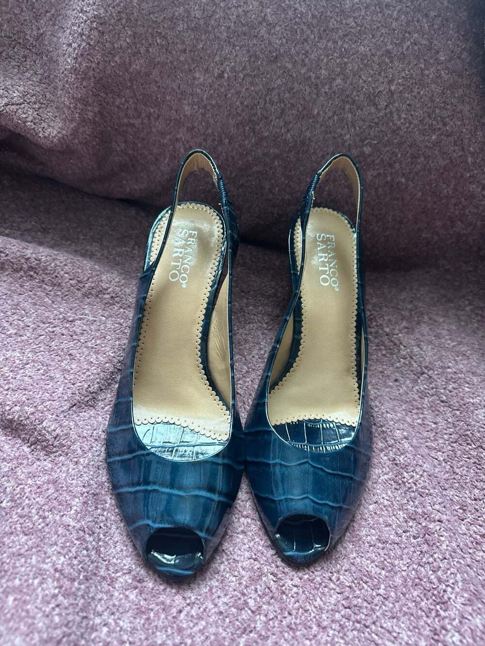 Franco Sarto Navy Blue Croc-Embossed Patent Leather Peep Toe Slingback Heels